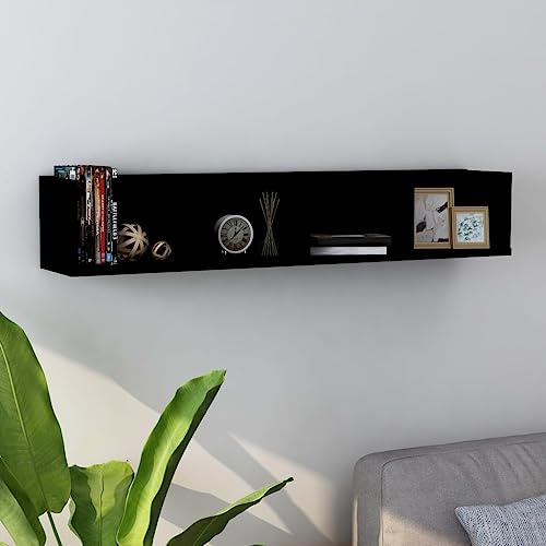 KATERYY Scaffale Porta CD a Parete Nero 100x18x18 cm Legno Multistrato,Porta CD da parete in legno nero con 4 scomparti per musica e collezioni Scaffali e mensole per pareti