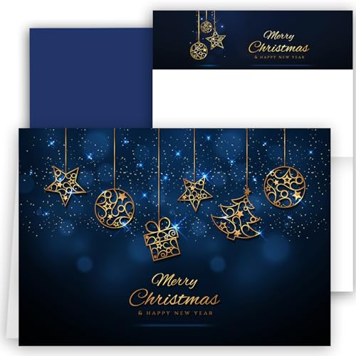 10 Weihnachtskarten Klappkarten mit Umschlägen Karte Karten Weihnachtskugel Kugel edel stilvoll glanz MADE IN GERMANY Frohe Weihnachten Merry Christmas xmas Kugel Gold Blau Geschenk Weihnachtsgrüße