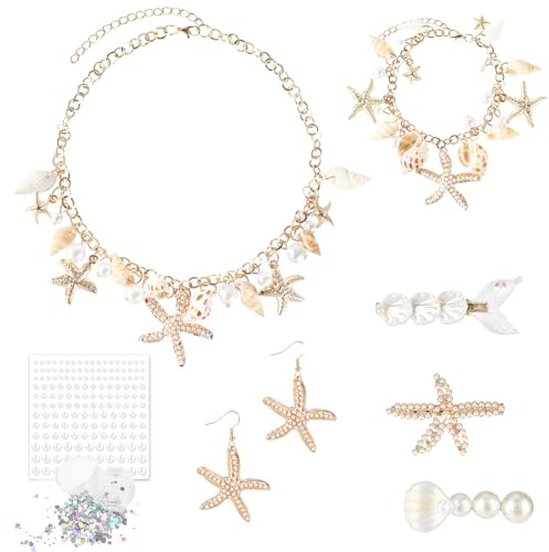 Beipegin Meerjungfrau Kostüm Damen Schmuck Set Muschelkette Armband Seestern Ohrringe Perlen Seestern Haarspange Strandschmuck Fischkostüm Strandkleider Accessoire