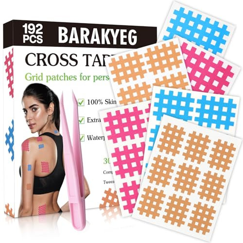BARAKYEG Gittertape 192 Stück,Gitterpflaster Set in 3 Größen(108x S,72x M,12x L)Mix Pack,Akupunkturpflaster Cross Tape Gitterpflaster mit Pinzette,Narbenpflaster,Selbstklebend Starker,Crosstapes,bunt