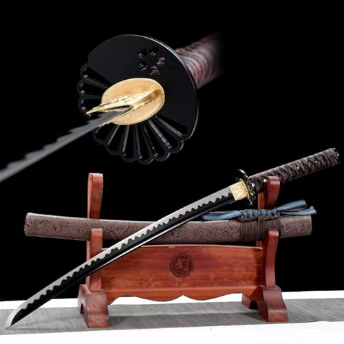 KWXPW Japanischer Samurai-Schwert,Manganstahl Klinge mit Schwärzungsprozess,PU-Leder umwickelte Holzscheide,handgefertigt Wakizashi Katana für Kendo,Dekoration,Sammlung,Geschenke,Cosplay-78cm