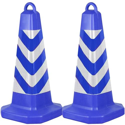 2 Packs 24.8 In ABS Portable Traffic Cones, Hazard Construction Cones with Handle & 2 Sand Pipes, Lightweight Cones with Reflective Film, Cones for Road Safety(Blue)