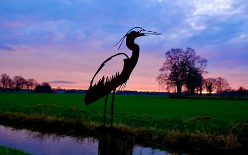 Illumino Gartenstecker Reiher XXL - Lebensgroß Naturrost Vogel Deko, Gartendeko in Rostoptik, Dekostecker Metall für Garten Teich Beet