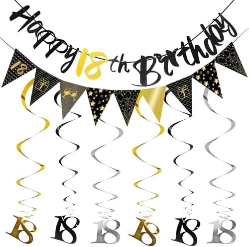 18 Geburtstag Deko Set, Geburtstag Deko Banner Luftschlangen, Schwarz Silber Gold Partydekoration, Banner, Luftschlangen, Wimpelkette mit Zahl 18 für Jungen und Mädchen