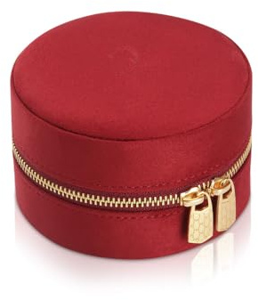 MODALO DIVINA Schmuckkästchen – Rundes Schmuckkästchen mit Reißverschluss, Schmuckbox aus hochwertigem Velours, kompakte Schmuckaufbewahrung für Damen, ideal für Ohrringe, Ringe, Ketten (Burgunder)