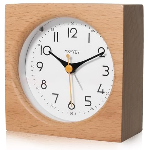 YsyYey Réveil analogique en bois silencieux avec fonction snooze et veilleuse, fonctionne à piles pour chambre à coucher, maison, cuisine et voyage
