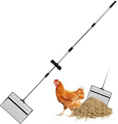 Generisch Pala para excrementos de Pollo – colador de para Gatos con Mango Largo | Pala de Acero Inoxidable con colador extraíble para Limpieza de jardín Animales de Granja