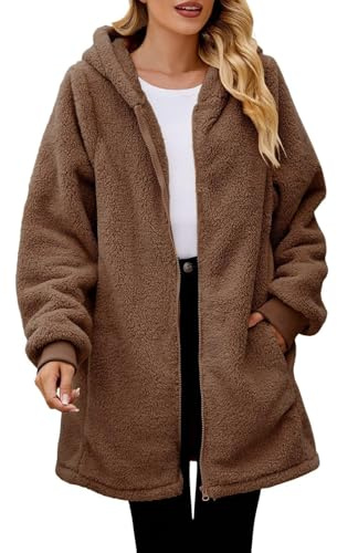Ansenesna Teddyjacke Damen Lang Mit Kapuze Flauschig Winterjacke Warm Gefüttert Fleecejacke Teddyfleece Plüsch Wintermantel Frauen Teddyfell Dicke Jacke Winter Mantel Teddy Fleece Damen-Jacken