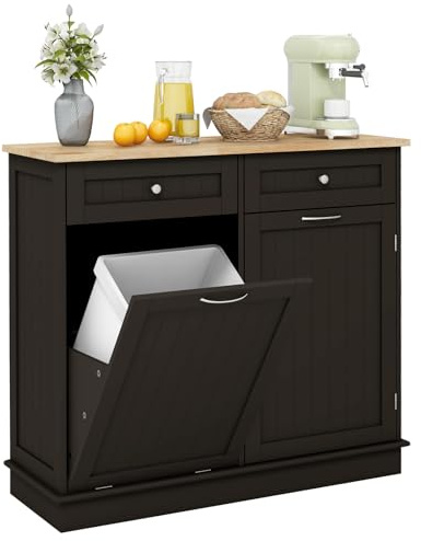COSTWAY Kommode für Mülleimer 42L, Küchenschrank mit großer Arbeitplatte & 2 Schubladen & verstellbarem Regal, Mülleimerschrank mit Mülleimerhalter, Schrank für Küche ohne Mülleimer (Braun)