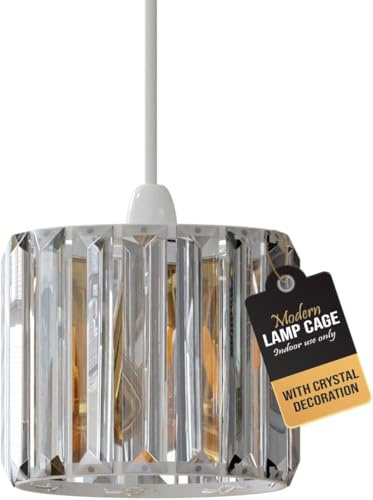 White Easy Fit Crystal Lamp Shade –12cm Modern Drum-Style Pendant or Table Lamp Shade with Clear Faceted Crystal Prisms, Modern Glam Replacement Hanging Lighting for Living Room, Bedroom Hallway