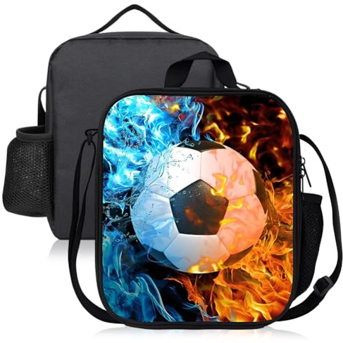 SYTTNUM Bolsa de Almuerzo para niños, Lonchera con Estampado de Fútbol 3D para niños, reutilizable, lonchera portátil, bolsa térmica para oficina, escuela, picnic, viajes al aire libre (25×20×9cm)
