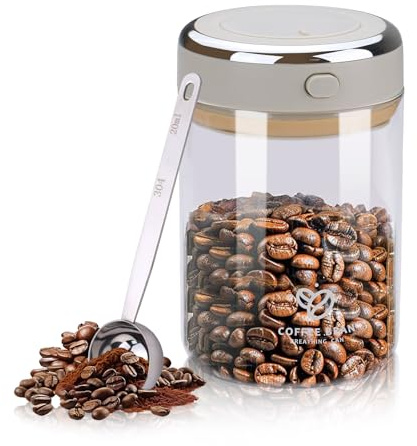 Yitexin 1.1 L Airtight Coffee Bean Storage High Borosilicate Glass, Valve Coffee Jar with Scoop & Date Tracker, Vacuum Sealing Canister Container for Kitchen Cafe Sugar Flour Family (Style 1)