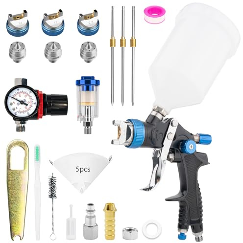 HVLP professionell målarpistol gravitationsförsörjning 3 munstycken 1,4/1,7/2,5 mm kopp 600 cc genom gravitation och HVLP tryckmätare bilmöbler reparationspistol (blå)