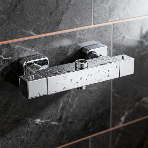 Miscelatore Termostatico Universale STANEW, 2 Uscite Rubinetto, Miscelatore Doccia Termostatico per Doccia, Ottone, Cromato Moderno, alto 3/4 BSP (26,4 mm) + basso 1/2 BSP (21 mm)