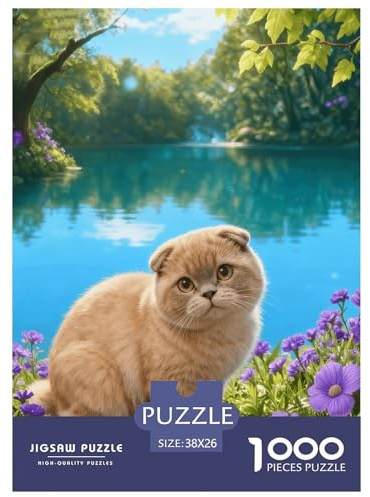 Puzzle Chat Scottish Fold 1000 Pièces pour Adultes Et Enfants, Jeu D'Intelligence, Casse-tête Buisson Fleuri Lac, Décoration Intérieure, Idée Cadeau 38x26cm/1000pcs