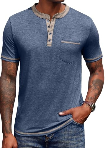 COOFANDY Camisa Henley de Manga Corta para Hombre Casual T-Shirts Camiseta Informal de Verano con Bolsillo Azul Oscuro M