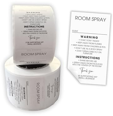 Room Spray Instruction Stickers for Bottles with Write in Scent Area 250pc Roll 1.25x2.25” Minimalist Modern Label Warning Fragrance