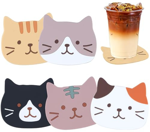 5 Sottobicchieri per Gatti in Silicone, Simpatici Sottobicchieri per Bevande per Gatti, Sottobicchiere Decorativi, Sottobicchiere da Tavolo in Silicone Antiscivolo, Regalo per Amanti dei Gatti