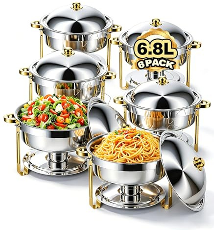 HAAYOT 6.8 Litre 6 Pack Chafing Dish for Buffet, Chafing Dish Buffet Set of 6, Round Stainless Steel Chafing Dishes and Food Warmers with Lids Food Pans & Fuel Holders, Buffet Trays for Parties