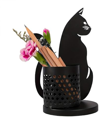 Porte-stylo chat noir – Organiseur de bureau, tasse à stylo décorative | pour chat, décoration mignonne pour la maison et le bureau | Idéal pour les stylos, crayons, pinceaux, outils de maquillage,