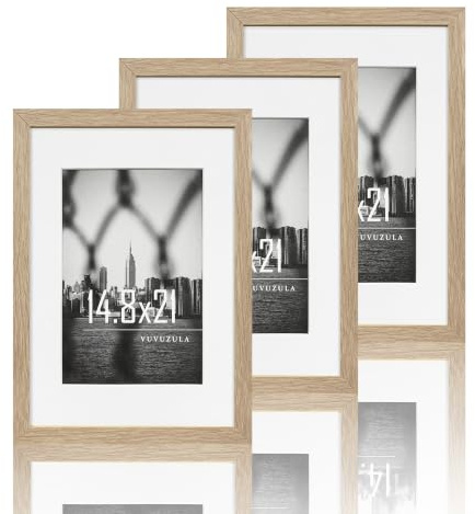 VUVUZULA Bilderrahmen A5 14.8x21cm Fotorahmen Holzrahmen Eiche Rahmen 3er Set DIN A5 mit Passepartout Urkunden Natur