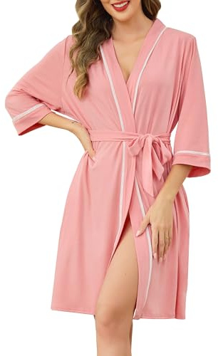 Vlazom Accappatoio Donna Corto con Bordure a Contrasto Vestaglia Comoda,Rosa Corallo,M