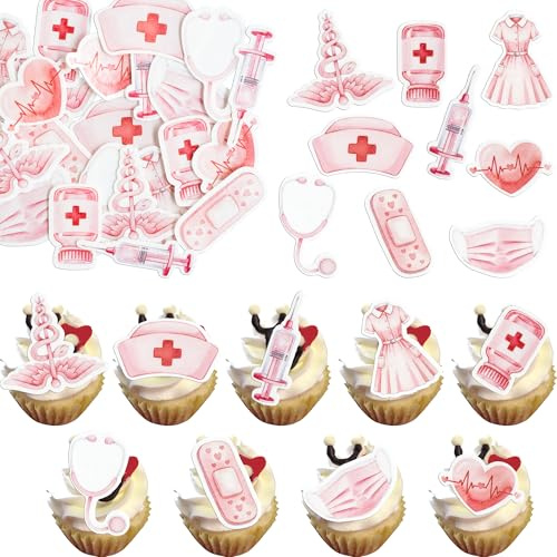 Gyufise 50Pcs Edible Nurse Cupcake Toppers Wafer Paper 2026 Nursing School Graduation Cupcake Picks Happy Nurse Week Cake Decoration for Medical Rn Grad Themed Party Supplies Pink