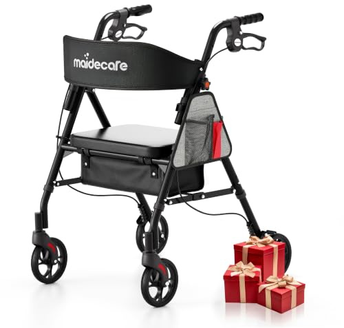 Maidecare Andador con Asiento y Ruedas para Ancianos, 4 Ruedas para Personas Mayores y Discapacitados, Asiento y Asa Ajustables en Altura, Rodador Interior, con Freno, Cesta, Negro