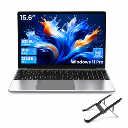 Breloom 2026 Ordenador Portátil 15.6 con Soporte, Celeron 5205U, 8GB RAM 128GB SSD, FHD 1920x1080, Wi-Fi 5, USB 3.0, HDMI, Huella Digital, Win 11 Pro Laptop Portatiles Baratos y Buenos