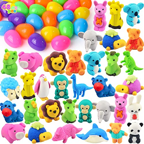 JOYIN 24 Pcs Prefilled Easter Eggs with 48 Animal Puzzle Erasers, Animal Eraser Bulk Toys for Kids Boys Girls Gifts Easter Basket Stuffer, Easter Eggs Hunt, Easter Party Favors