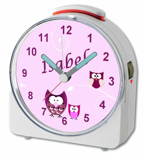 CreaDesign, WU-71-1007-02, Eule Rosa, analog Kinderwecker weiß, Funkwecker mit Sweep-Uhrwerk und fluoreszierenden Zeiger und Licht, personlisiert mit Namen, 10,2 x 4,6 x 11 cm