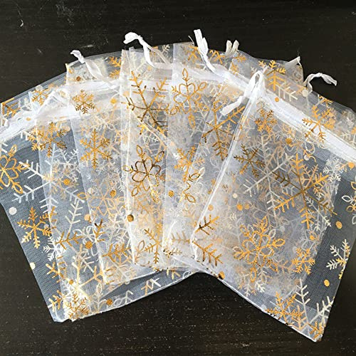 50PCS Organzasäckchen mit Schneeflocken,10x15cm Organzabeutel Zum Befüllen,Tunnelzug Organza Schmuckbeutel für Schmuck Süßigkeiten Baby Shower Party Weihnachts Verpackung Hochzeit Bonbonsbeutel,Gold