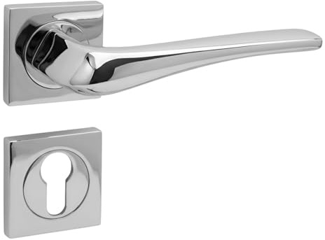 domino Türgriff Drückergarnitur PZ - Profilzylinder Set mit quadratischen PZ Rosetten Türklinke für Zimmertür, Bürotür, Kellertür & Innentür Türbeschläge aus Aluminium Chrom ADEL-QR SLIM M6