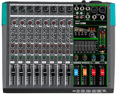 Depusheng PA8 Mixer professionale Console DJ a 8 canali con 256 opzioni di effetti DSP Connessione wireless Bluetooth Chiavetta USB Alimentazione phantom 48V