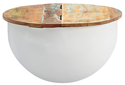 möbelando Couchtisch Mango 60x34x60 cm Massivholz Metall Tisch Weiß Industrial Rund | Design Wohnzimmertisch mit Stauraum | Loungetisch Sofatisch Modern