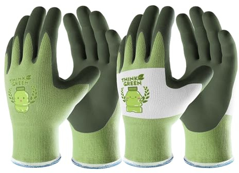 COOLJOB Guantes de jardinería para niños de 9 a 12 años, 2 pares de guantes de trabajo de poliéster reciclado para niños con revestimiento de goma, verde y blanco, pequeño, 2 pares S