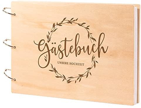 Hochzeit Gästebuch, Hochzeitsbuch mit Gravur, Hochzeitsalbum zum Selbstgestalten, Hochzeitsgeschenk für Brautpaar, Hochzeitsdeko, Hochzeitsempfang Ringbuch, Blanko Buch Holz, Leeres Fotoalbum Hochzeit