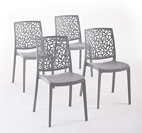 Sillas de resina moderna apilables de polipropileno con fibra de vidrio, para interior, cocina o comedor, exterior y jardín, sillas de restaurante y contract - Anna (4 Sillas, Gris oscuro)