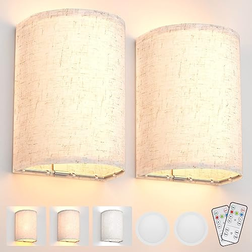 LABOREDUCER Wandleuchte Innen Akku 2 Stück,Batterie Moderne Kabellos Wandleuchten Stoffschirm Wandlampe LED Licht mit Fernbedienung,3 Farbtemperatur Wandlampen für Schlafzimmer Wohnzimmer