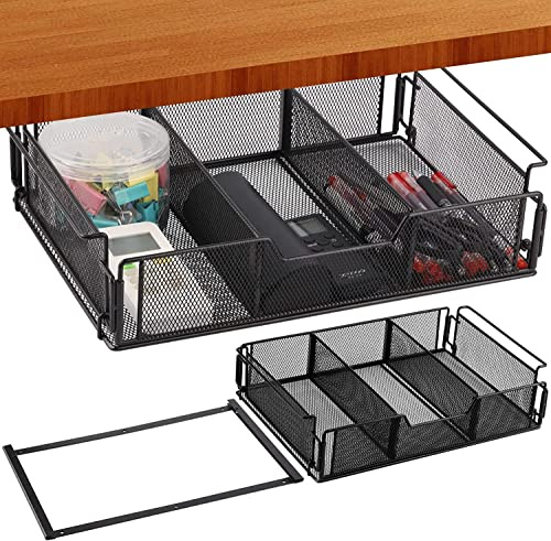 BestAlice Untertisch-Schublade zum Aufhängen unter dem Schreibtisch, Aufbewahrungs-Organizer, schwarze Metall-Untertischschublade mit Raumteiler-Design, versteckte Schublade für Büro, Zuhause, Schule