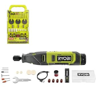 Pack RYOBI - Mini-outil multifonction RRT4-120GA15-4V - 1 Batterie 2.0Ah - 1 Câble USB C - 15 Accessoires - Kit de 155 accessoires - RAKRT155