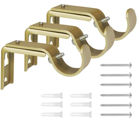 eletriace Curtain Rod Bracket Heavy Duty Adjustable Window Hardware Rod Holders Hanger for 1 inch Rods, Set of 3 (Gold-Adjustable)