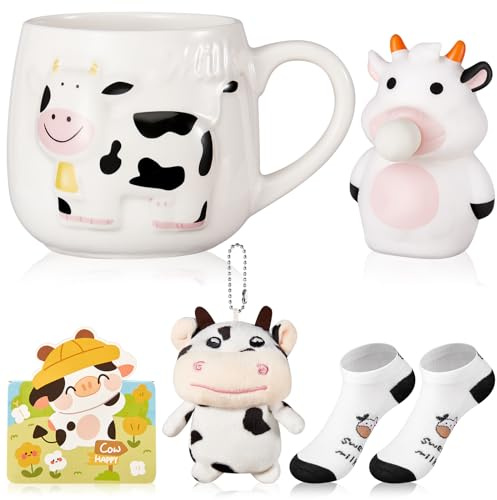 Nuenen 5 Pcs Cute Cow Gifts Set Includes Mug, Pendant, Socks, Decompression Toy, Greeting Card for Women, Cow Lovers, Funny Gifts for Christmas, Birthday