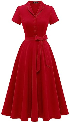 Wedtrend Robe de cocktail vintage pour femme, ligne A, longueur midi, col en V, robe de soirée élégante et décontractée, rouge, S