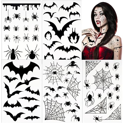 BOFUNX 5 Blätter Fledermaus Spinne Temporäre Tattoos Spinnennetz Gesichts Tattoo Aufkleber Spinnen Tattoos für Halloween Cosplay Makeup Gruselparty