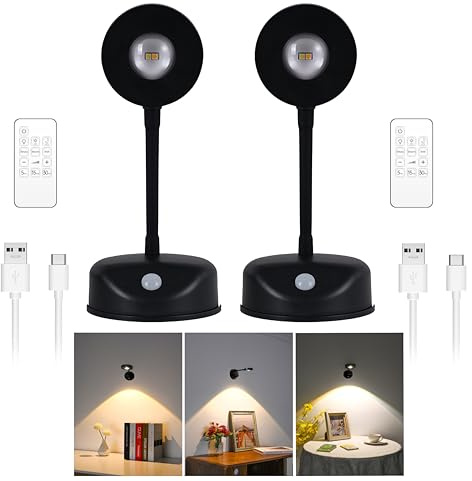 2200mAh Motion Sensor Picture Light, Spotlight Painting, LED Wall Sconce, Night Light Lamp, Rechargeable Battery Operated 3 Color & Dimmable Magnetic 360° Rotation with Remote (Black, 2 Pcs)