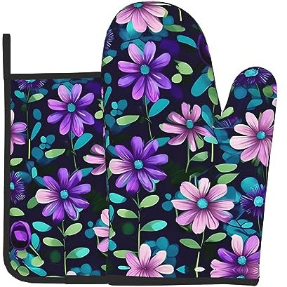 YYHHAOFA Ensemble de maniques et maniques motif camélia violet : épais et durable, anti-brûlure et isolant thermique
