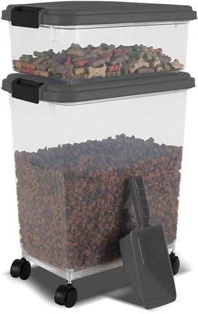 Brista 3 Pc's Pet Food Storage Container with Airtight Lids & Measuring Scoop Plastic Dog Cat Animal Dry Food Dispenser Storing Box with Rolling Wheels (Grey)