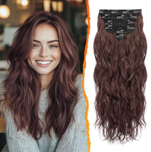 BARSDAR Clip in Haarverlängerung Für Damen, 50CM Lang Wellig Kastanien Haarextension 6PCs Voller Kopf Dickes Synthetisches Clip in Extensions Haarteil (Rötliches Kastanien Braun)