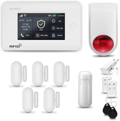 HUXGO® HXA006 Allarme casa senza fili WiFi + GSM con wireless Sirena | Kit allarme con 1x rilevatore di movimento, 5x sensori per porte e finestre, telecomando | TUYA Smartlife App